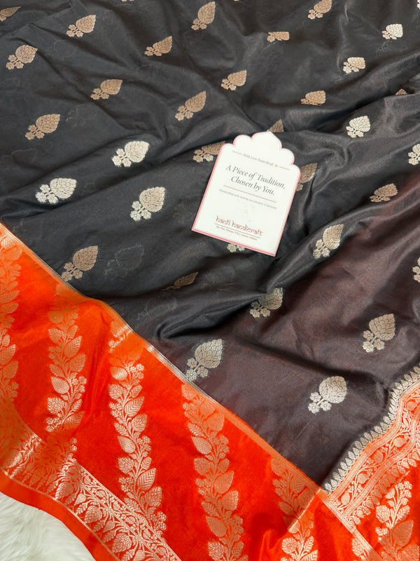 Black with Sunset Orange Rangika Banarasi Butter Silk Saree
