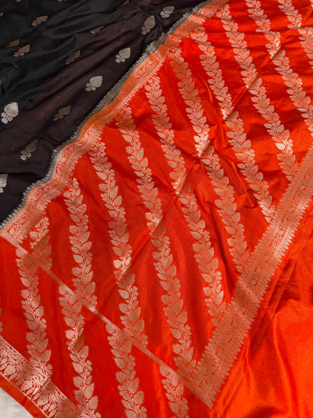 Black with Sunset Orange Rangika Banarasi Butter Silk Saree