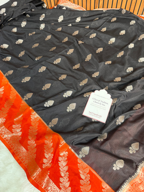 Black with Sunset Orange Rangika Banarasi Butter Silk Saree