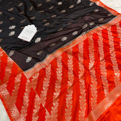 Black with Sunset Orange Rangika Banarasi Butter Silk Saree