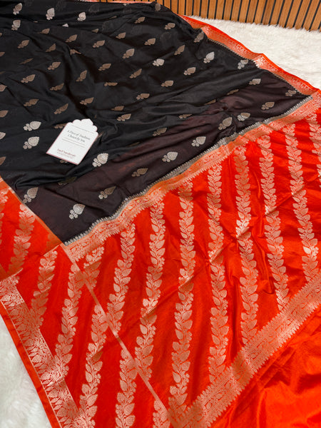 Black with Sunset Orange Rangika Banarasi Butter Silk Saree