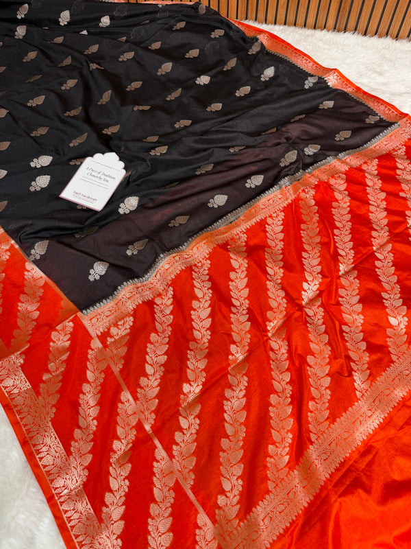 Black with Sunset Orange Rangika Banarasi Butter Silk Saree