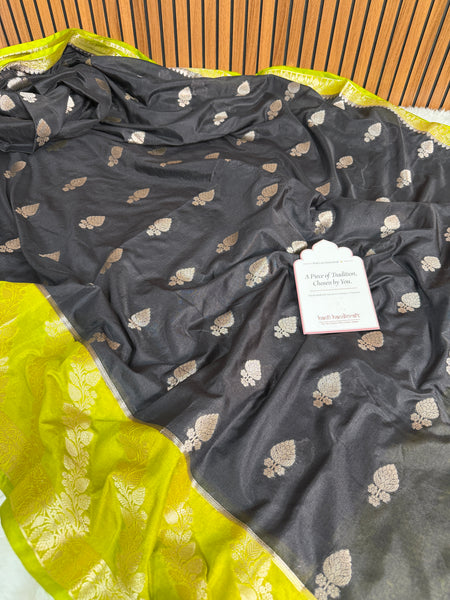 Black with Lime Lemon Rangika Banarasi Butter Silk Saree