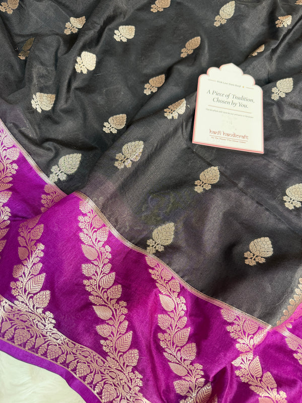 Black with Royal Magenta Rangika Banarasi Butter Silk Saree