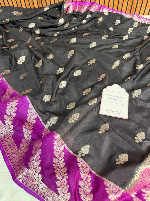 Black with Royal Magenta Rangika Banarasi Butter Silk Saree