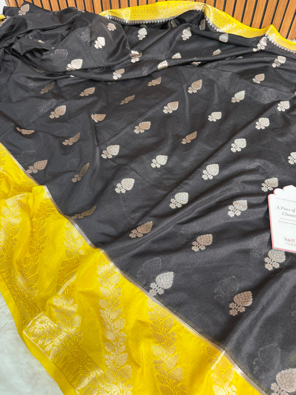 Black with Yellow Gold Rangika Banarasi Butter Silk Saree
