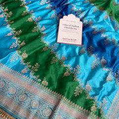 Ocean Blue Premium Hand-Brush Rangkaat Mashru Banarasi Saree