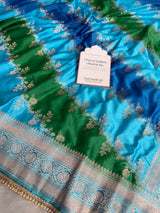 Ocean Blue Premium Hand-Brush Rangkaat Mashru Banarasi Saree