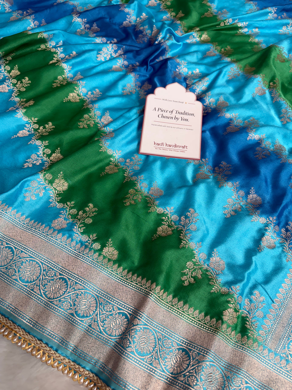 Ocean Blue Premium Hand-Brush Rangkaat Mashru Banarasi Saree
