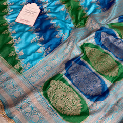 Ocean Blue Premium Hand-Brush Rangkaat Mashru Banarasi Saree
