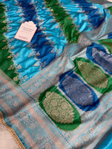 Ocean Blue Premium Hand-Brush Rangkaat Mashru Banarasi Saree