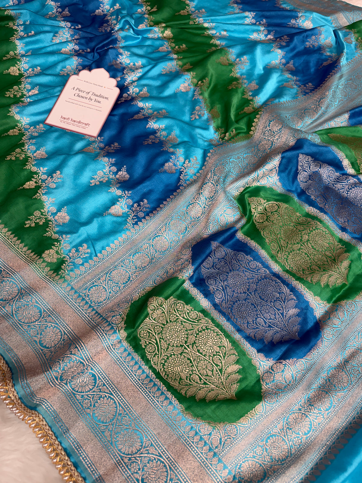 Ocean Blue Premium Hand-Brush Rangkaat Mashru Banarasi Saree