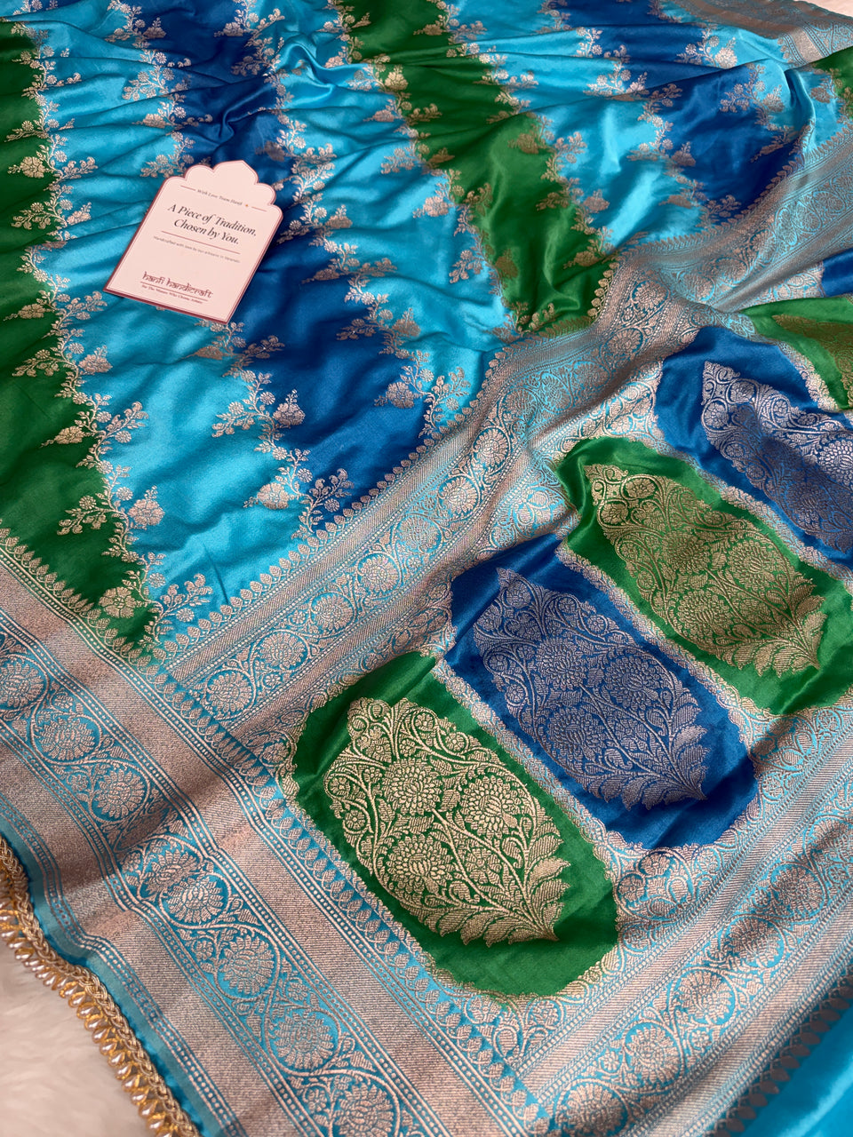 Ocean Blue Premium Hand-Brush Rangkaat Mashru Banarasi Saree