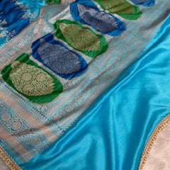 Ocean Blue Premium Hand-Brush Rangkaat Mashru Banarasi Saree