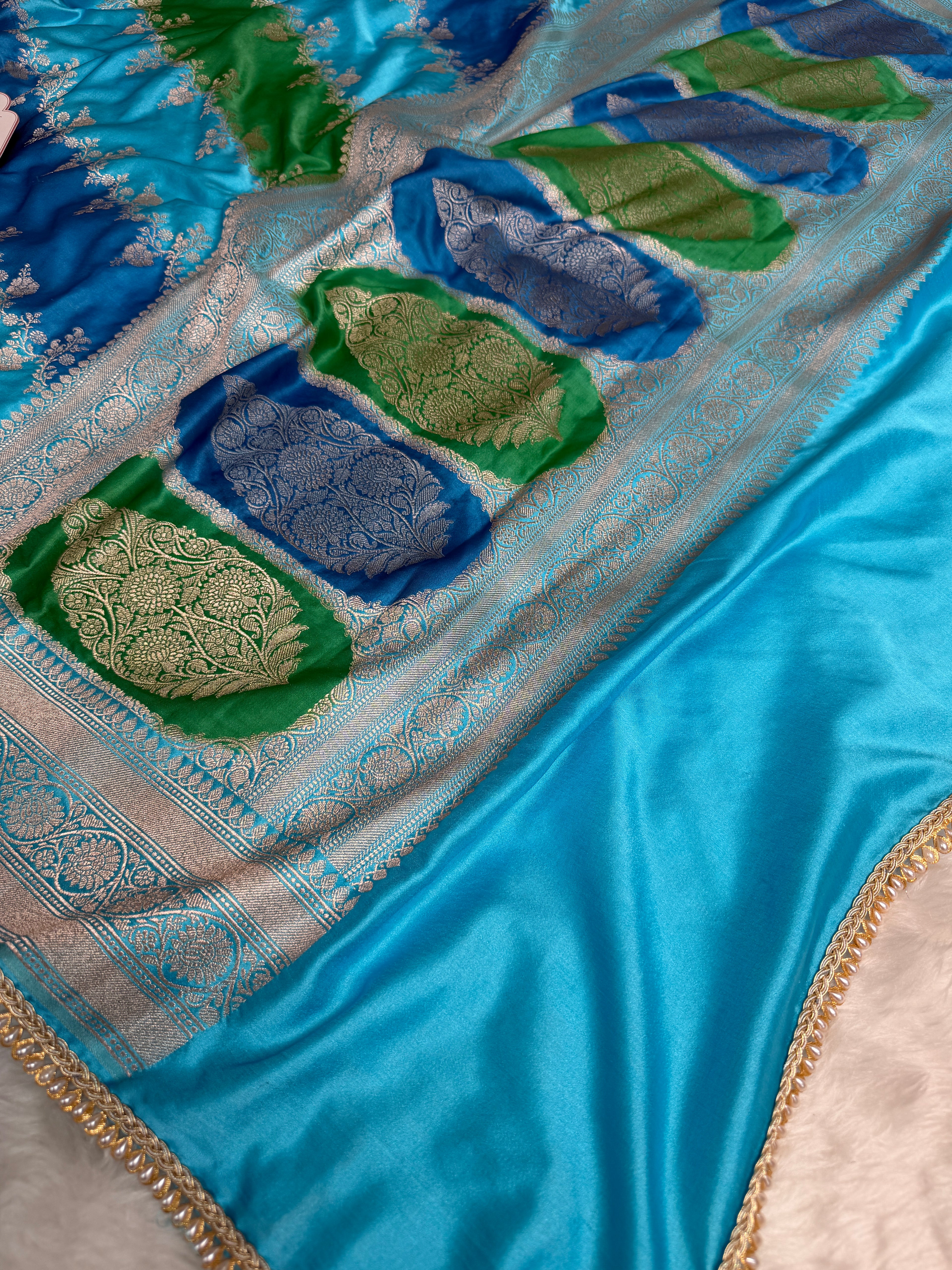 Ocean Blue Premium Hand-Brush Rangkaat Mashru Banarasi Saree