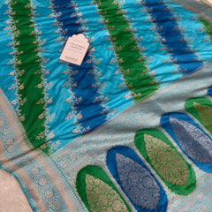 Ocean Blue Premium Hand-Brush Rangkaat Mashru Banarasi Saree