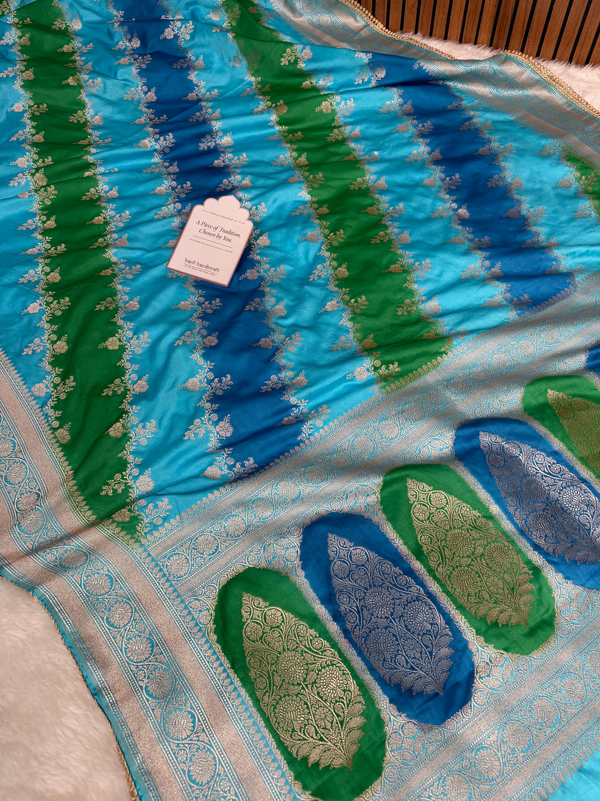 Ocean Blue Premium Hand-Brush Rangkaat Mashru Banarasi Saree