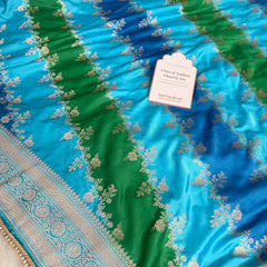 Ocean Blue Premium Hand-Brush Rangkaat Mashru Banarasi Saree