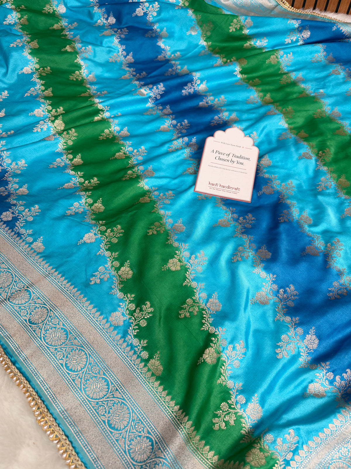 Ocean Blue Premium Hand-Brush Rangkaat Mashru Banarasi Saree