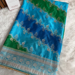 Ocean Blue Premium Hand-Brush Rangkaat Mashru Banarasi Saree