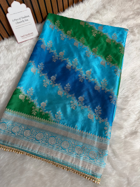 Ocean Blue Premium Hand-Brush Rangkaat Mashru Banarasi Saree