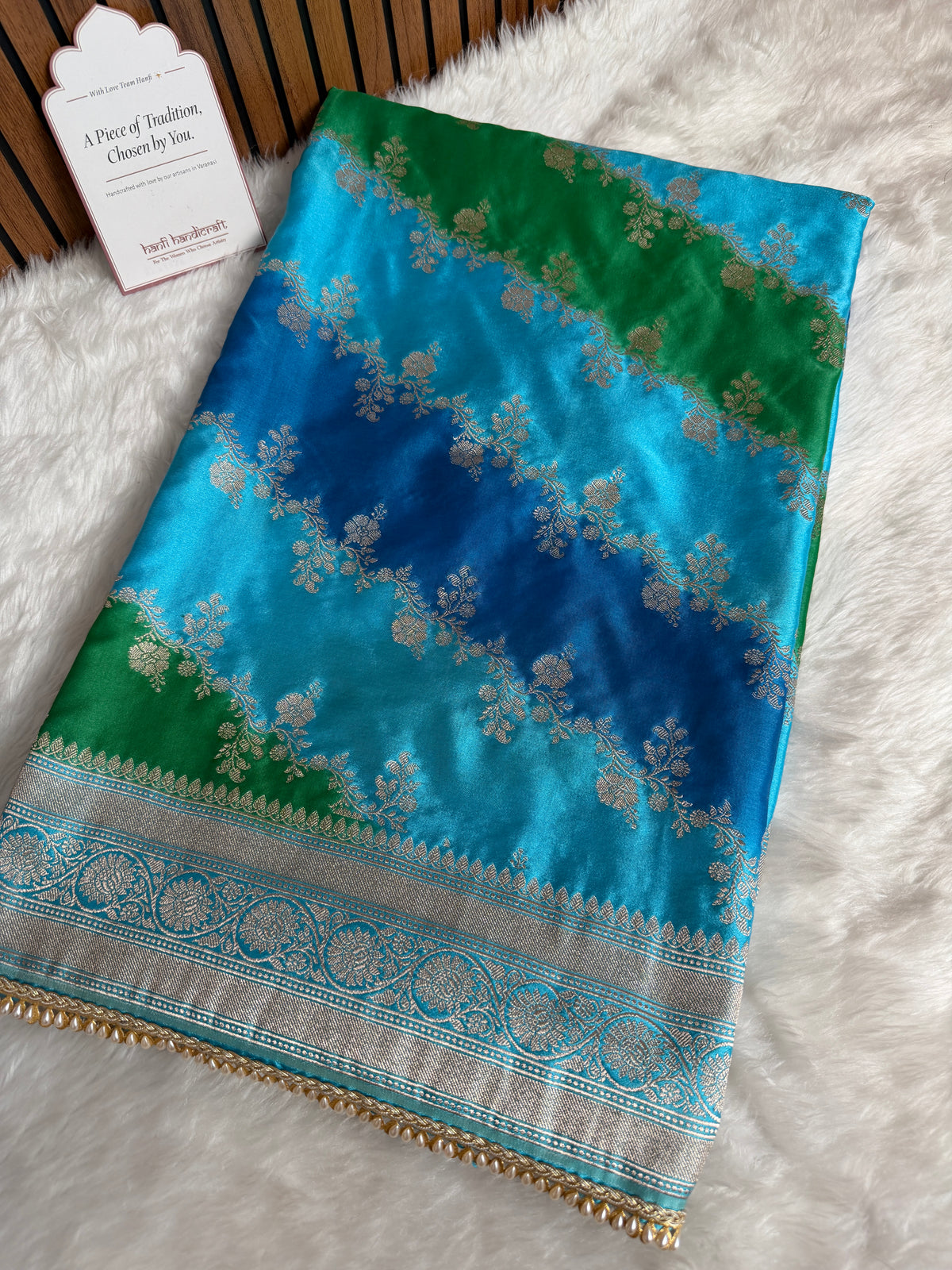 Ocean Blue Premium Hand-Brush Rangkaat Mashru Banarasi Saree
