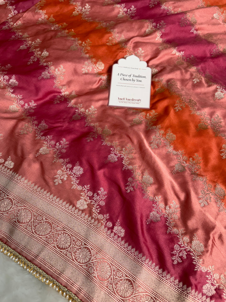 Peach Orange Premium Hand-Brush Rangkaat Mashru Banarasi Saree
