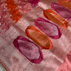 Peach Orange Premium Hand-Brush Rangkaat Mashru Banarasi Saree