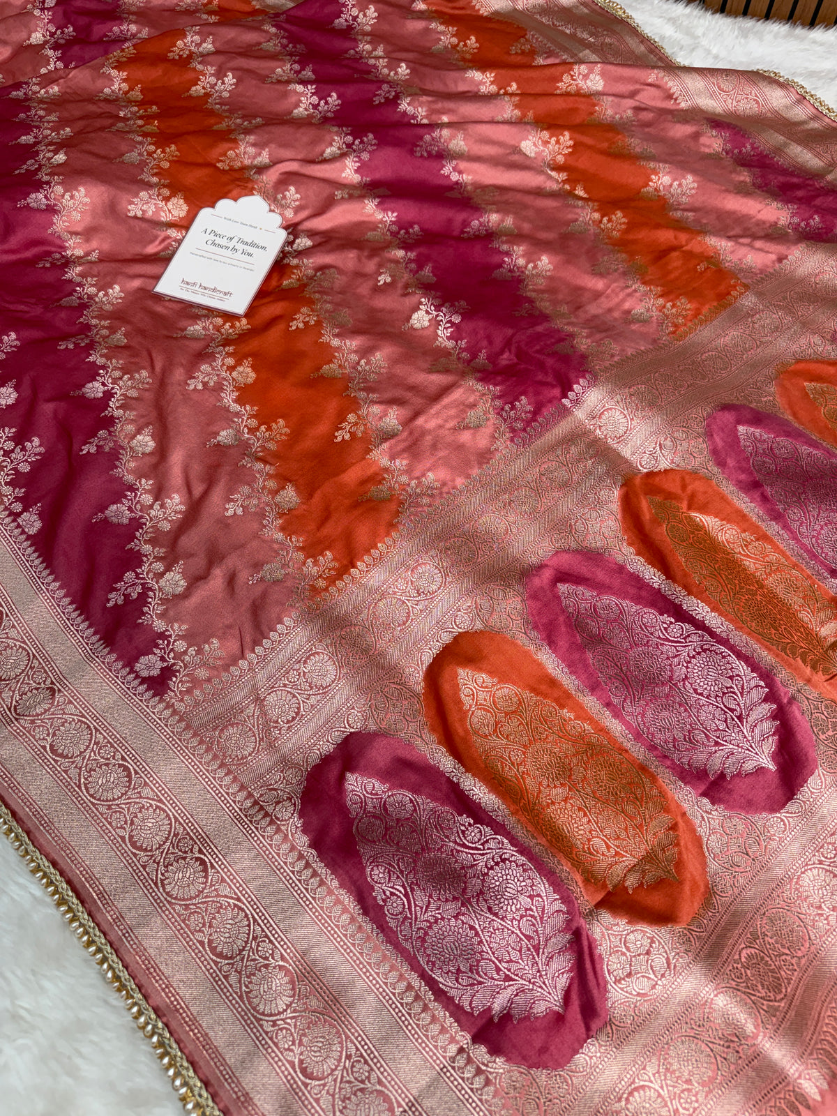 Peach Orange Premium Hand-Brush Rangkaat Mashru Banarasi Saree