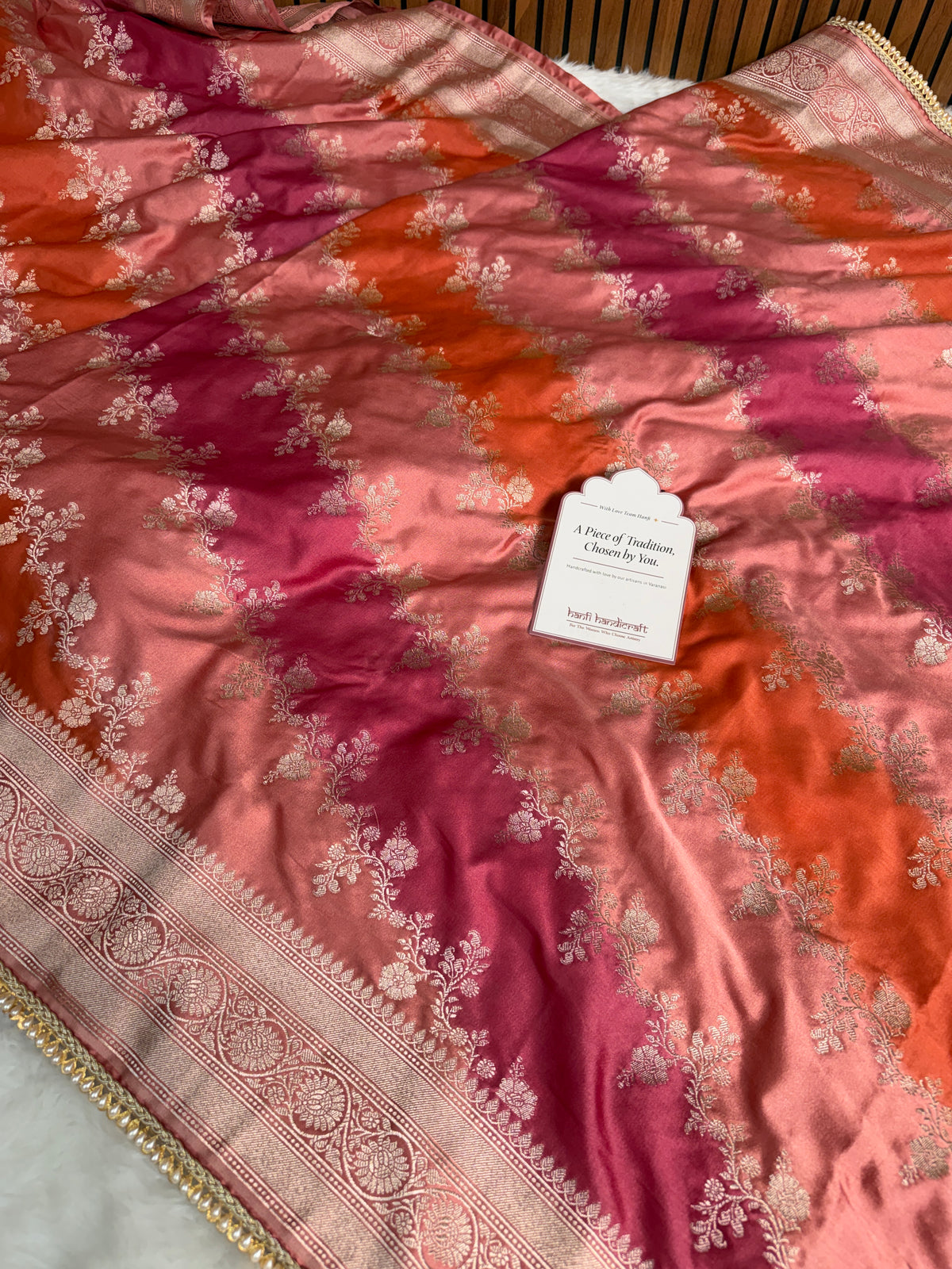 Peach Orange Premium Hand-Brush Rangkaat Mashru Banarasi Saree
