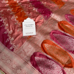 Peach Orange Premium Hand-Brush Rangkaat Mashru Banarasi Saree