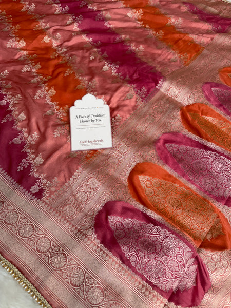 Peach Orange Premium Hand-Brush Rangkaat Mashru Banarasi Saree