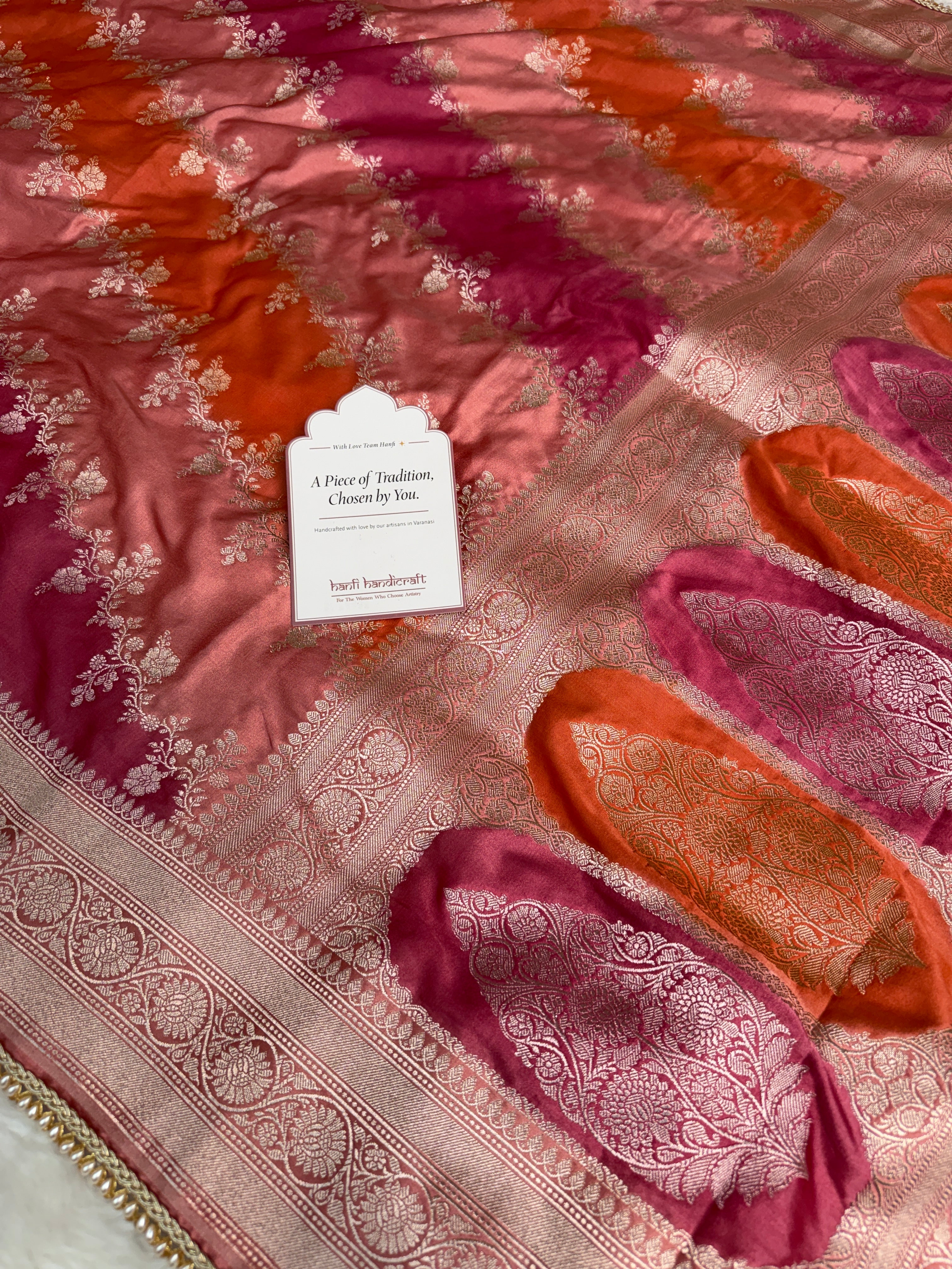 Peach Orange Premium Hand-Brush Rangkaat Mashru Banarasi Saree
