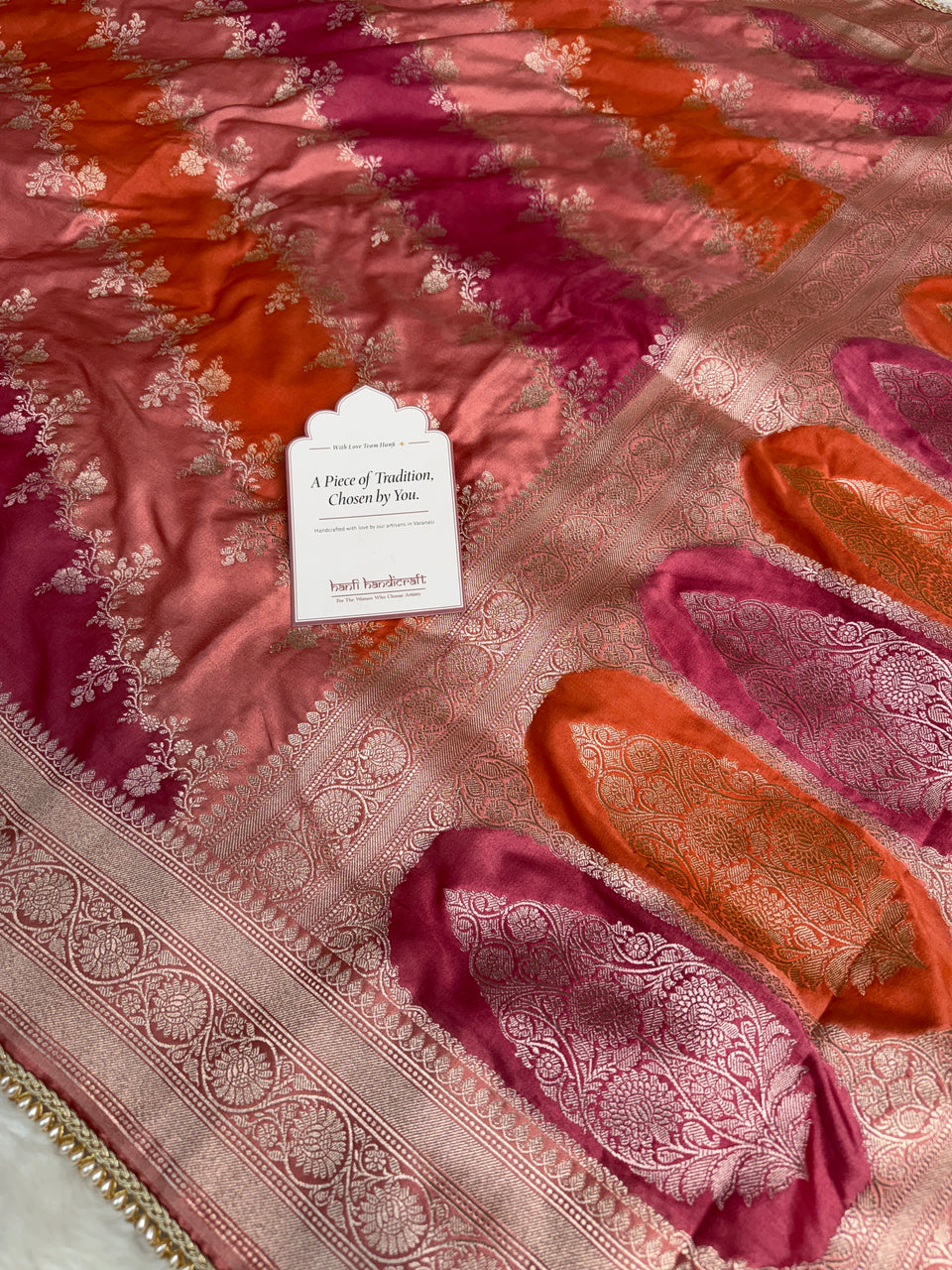 Peach Orange Premium Hand-Brush Rangkaat Mashru Banarasi Saree
