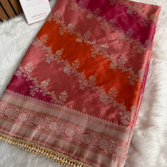 Peach Orange Premium Hand-Brush Rangkaat Mashru Banarasi Saree