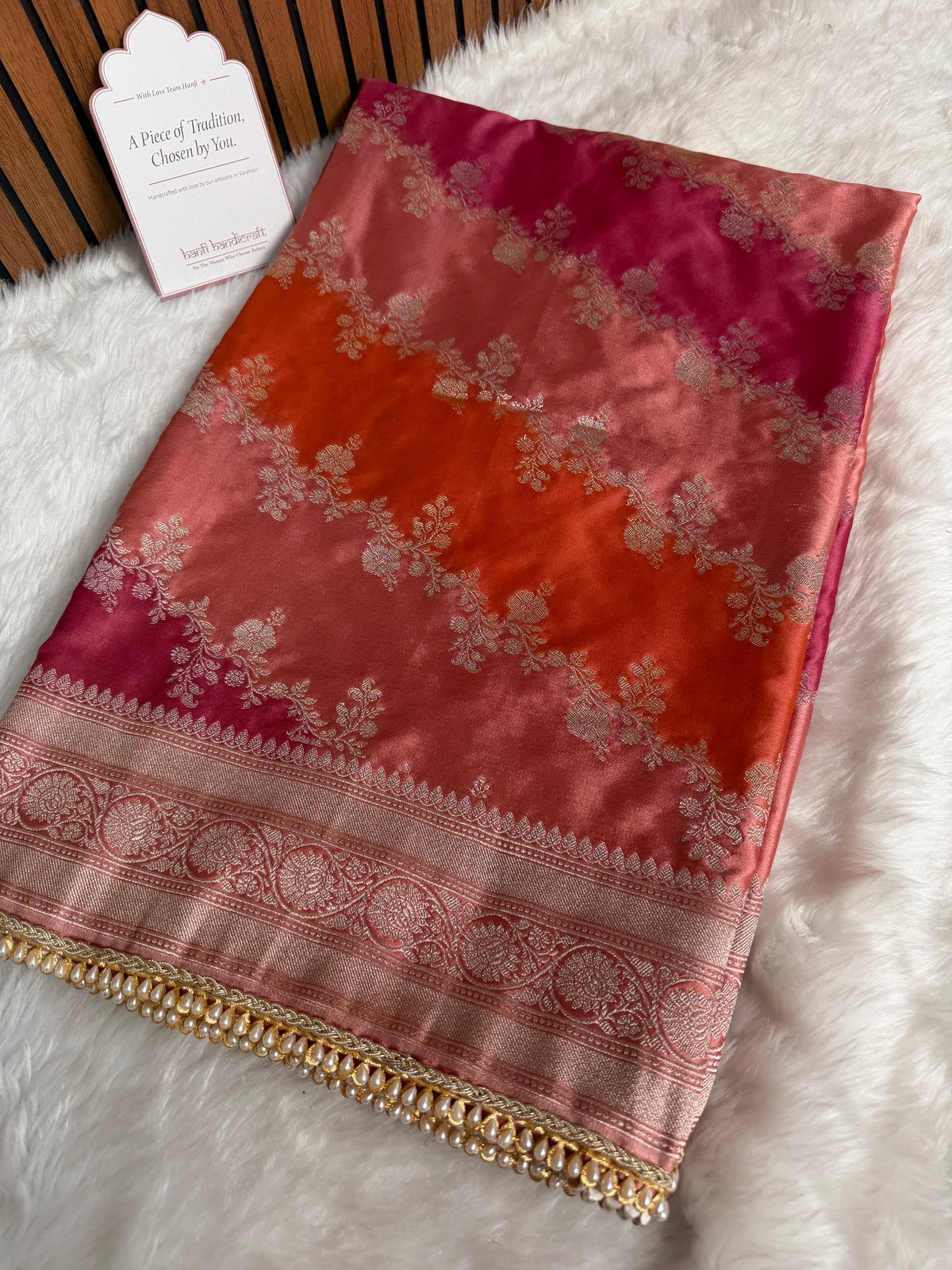 Peach Orange Premium Hand-Brush Rangkaat Mashru Banarasi Saree