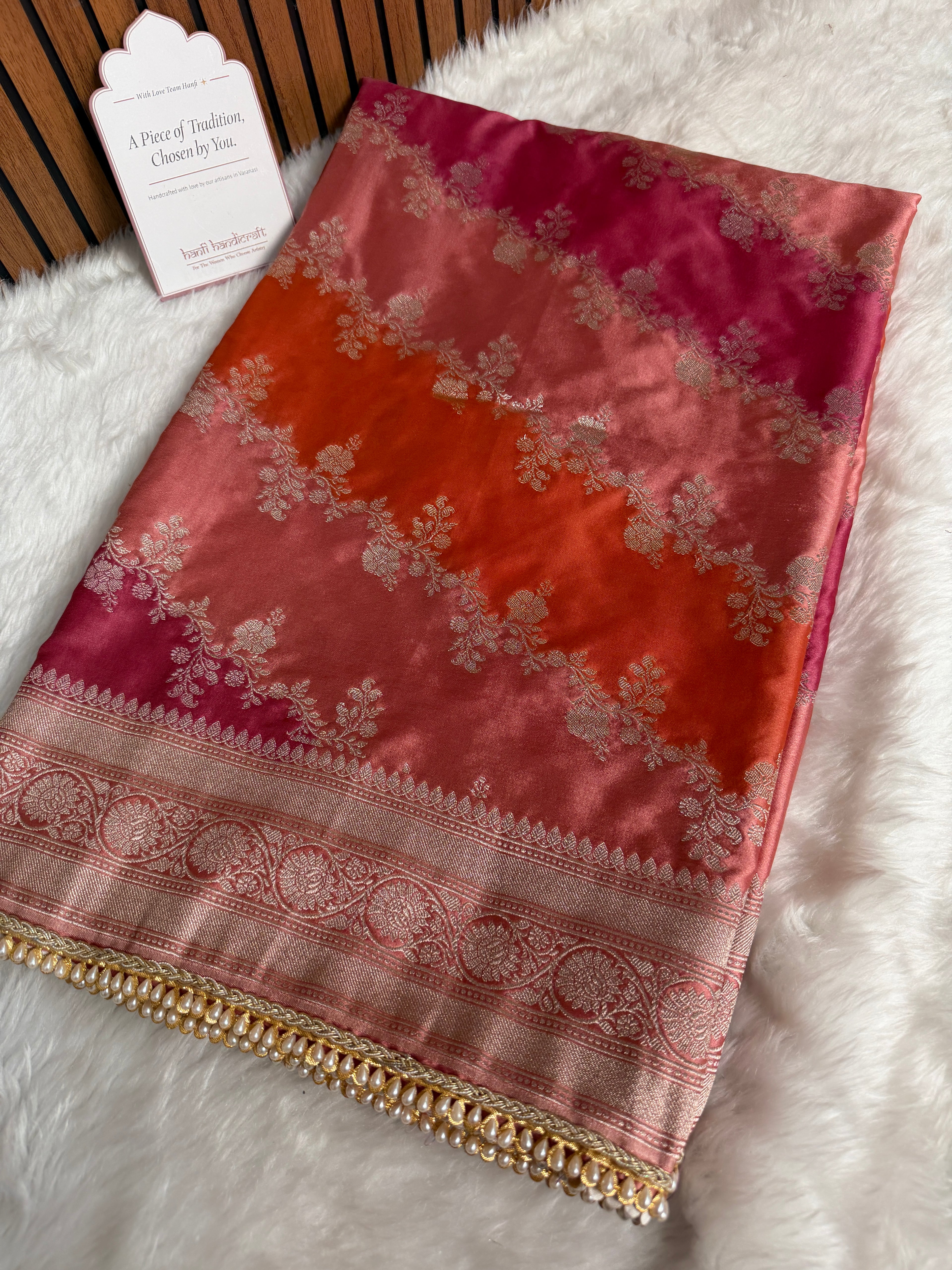 Peach Orange Premium Hand-Brush Rangkaat Mashru Banarasi Saree