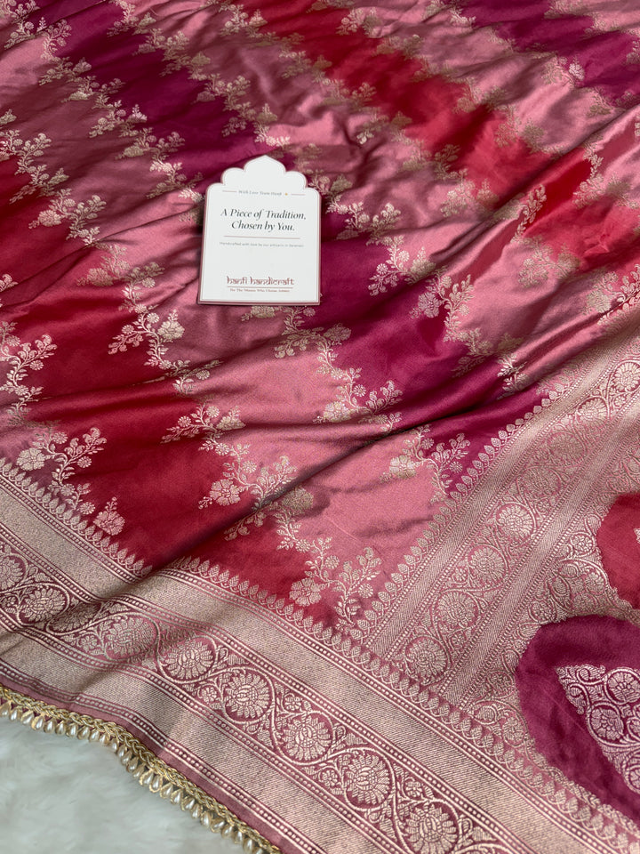 Rose Pink Premium Hand-Brush Rangkaat Mashru Banarasi Saree