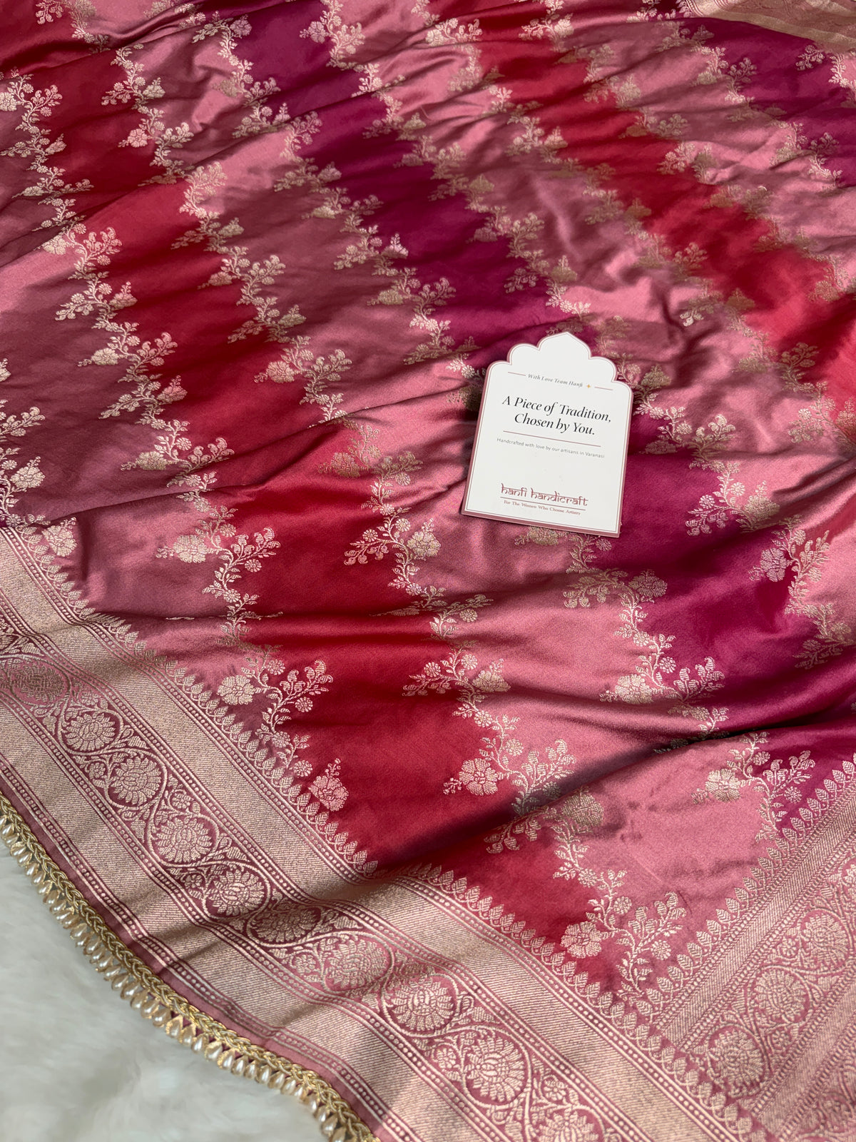 Rose Pink Premium Hand-Brush Rangkaat Mashru Banarasi Saree