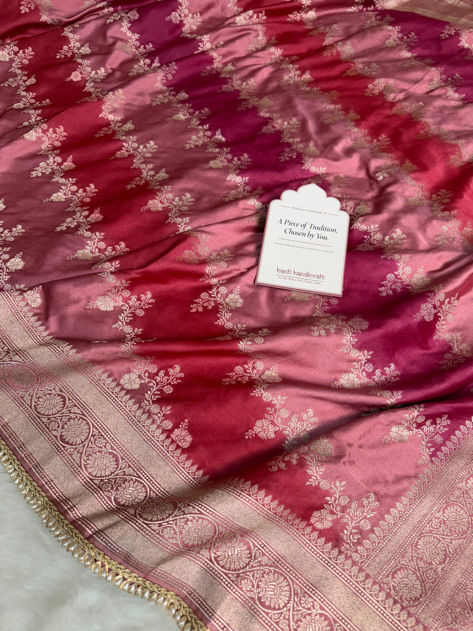 Rose Pink Premium Hand-Brush Rangkaat Mashru Banarasi Saree