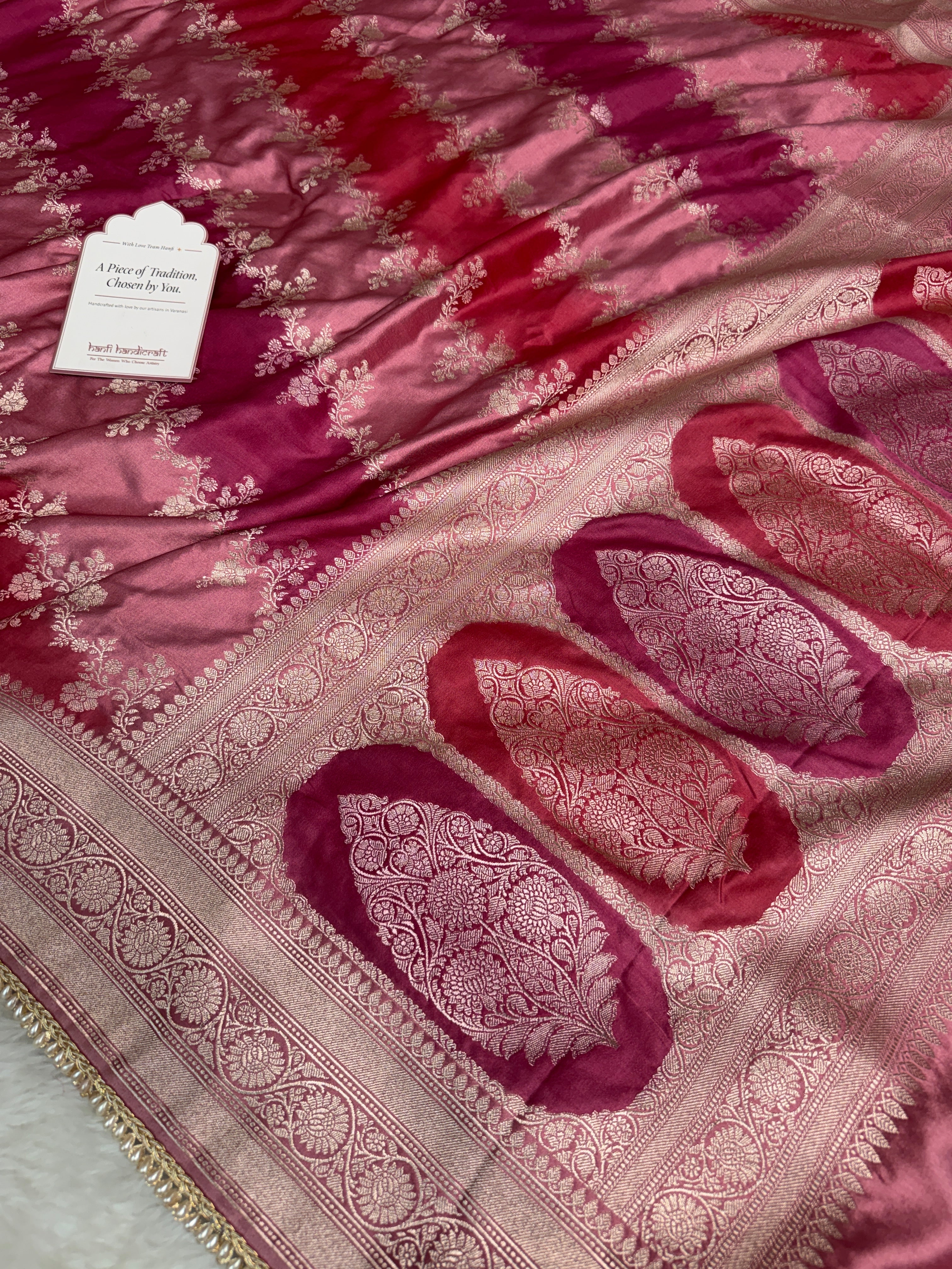 Rose Pink Premium Hand-Brush Rangkaat Mashru Banarasi Saree