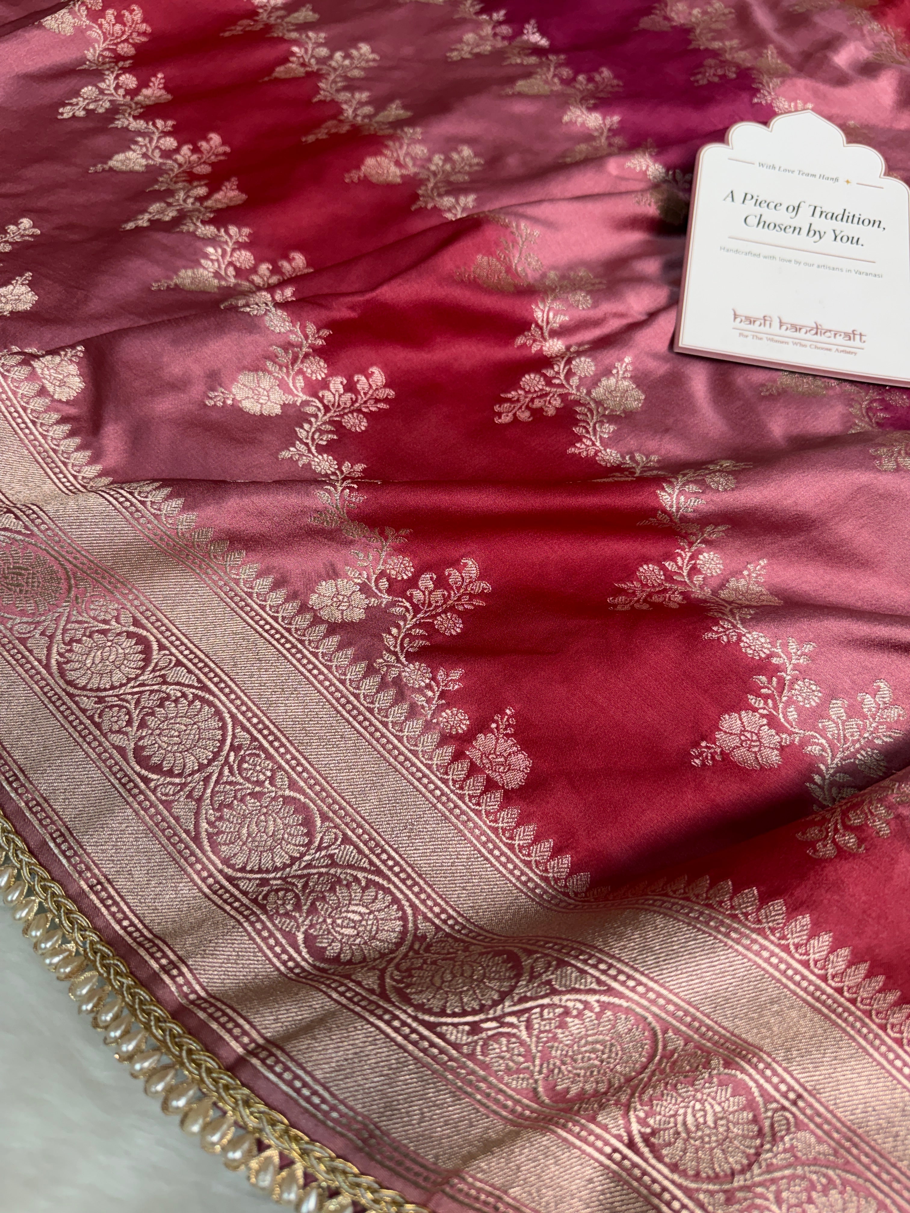 Rose Pink Premium Hand-Brush Rangkaat Mashru Banarasi Saree