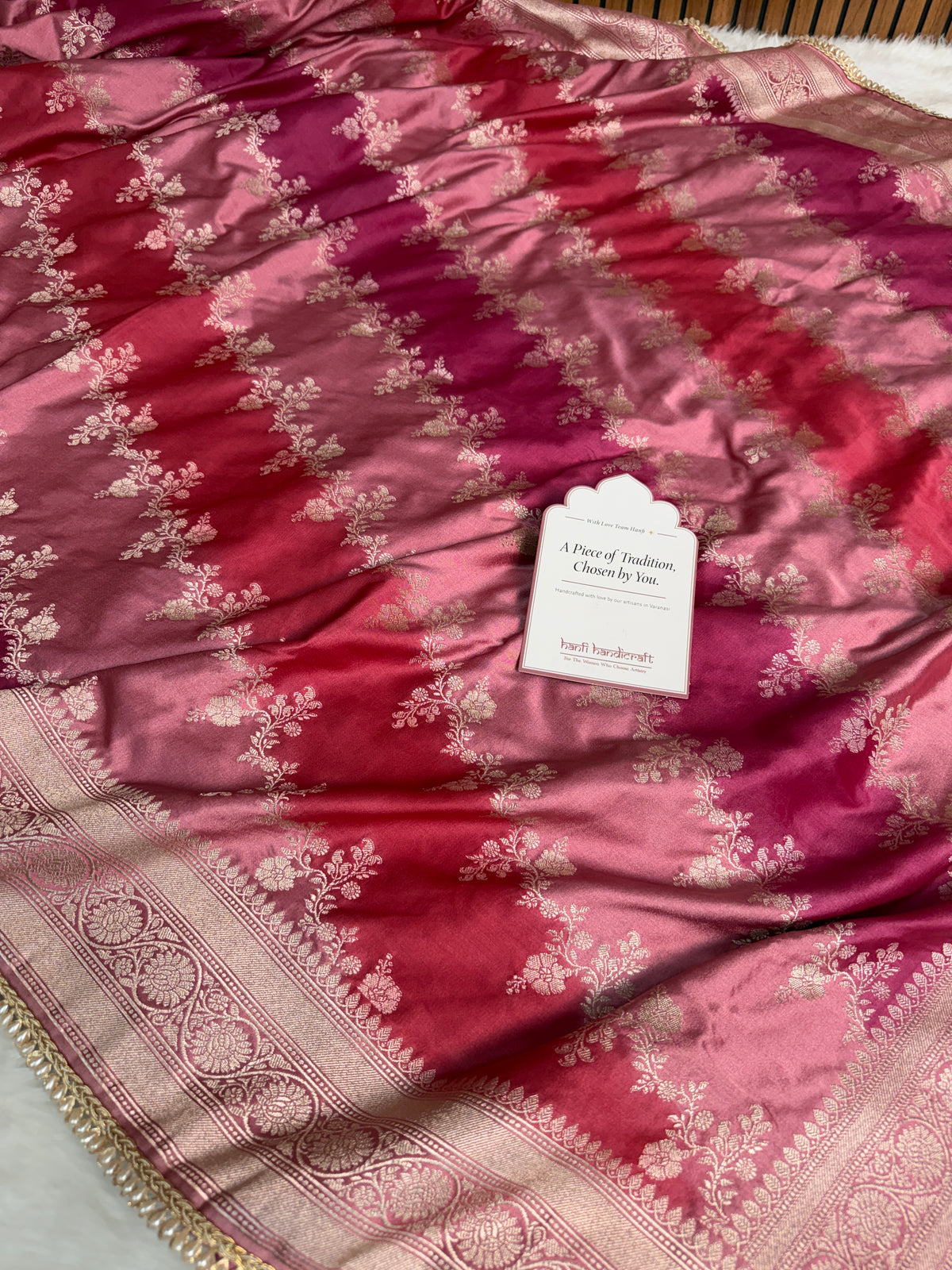 Rose Pink Premium Hand-Brush Rangkaat Mashru Banarasi Saree