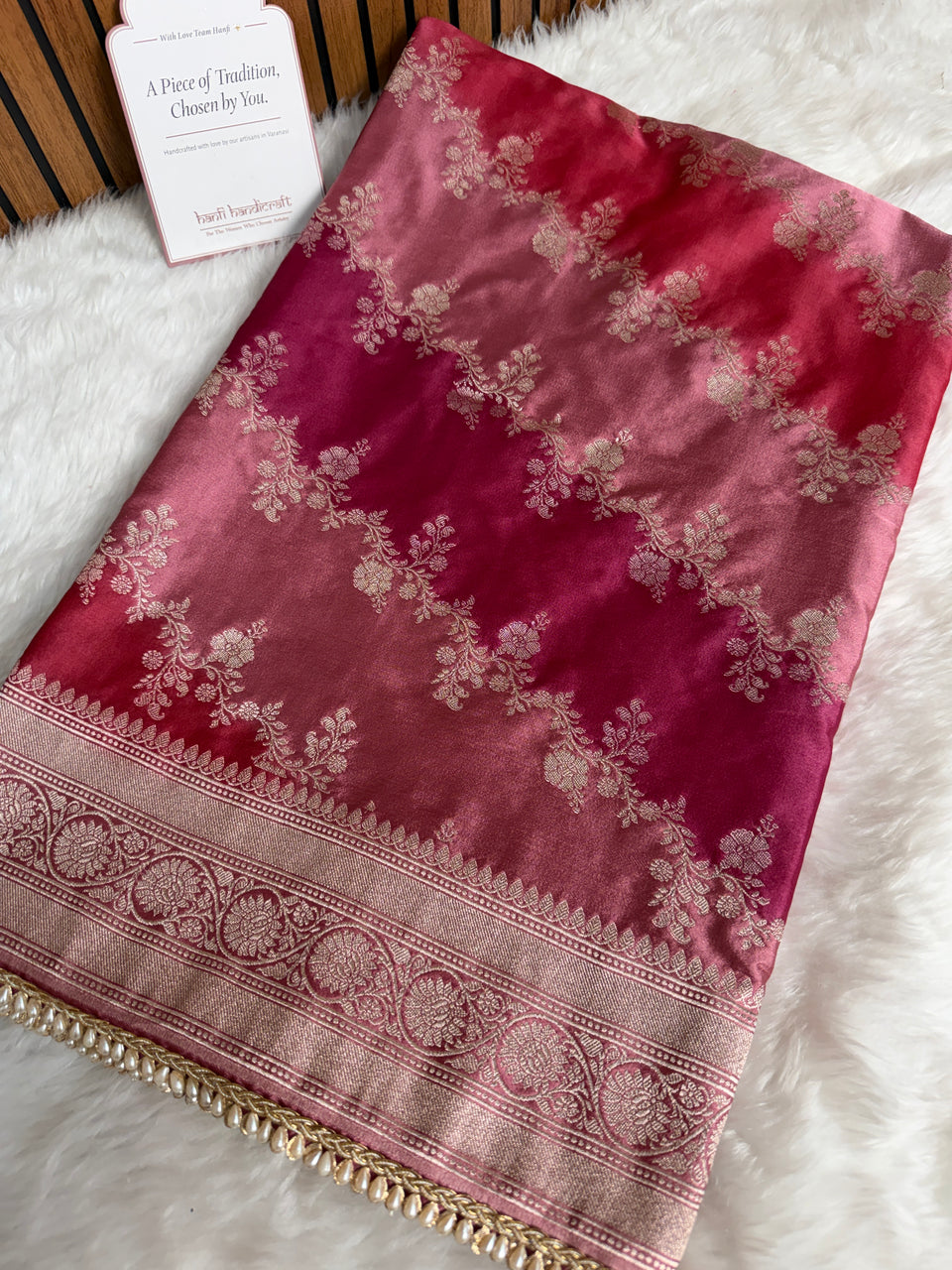 Rose Pink Premium Hand-Brush Rangkaat Mashru Banarasi Saree