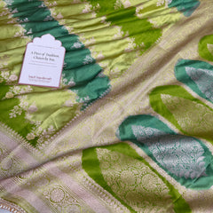 Lime Green Premium Hand-Brush Rangkaat Mashru Banarasi Saree