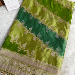 Lime Green Premium Hand-Brush Rangkaat Mashru Banarasi Saree
