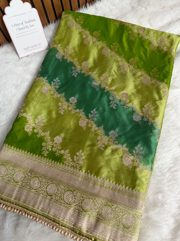 Lime Green Premium Hand-Brush Rangkaat Mashru Banarasi Saree