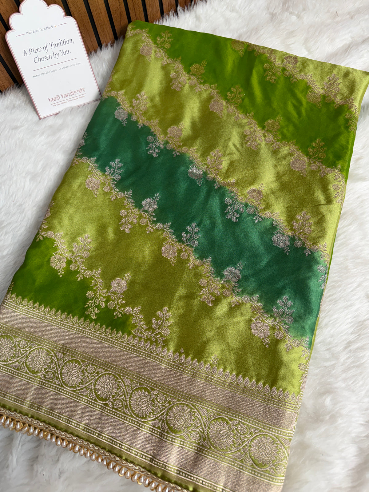 Lime Green Premium Hand-Brush Rangkaat Mashru Banarasi Saree