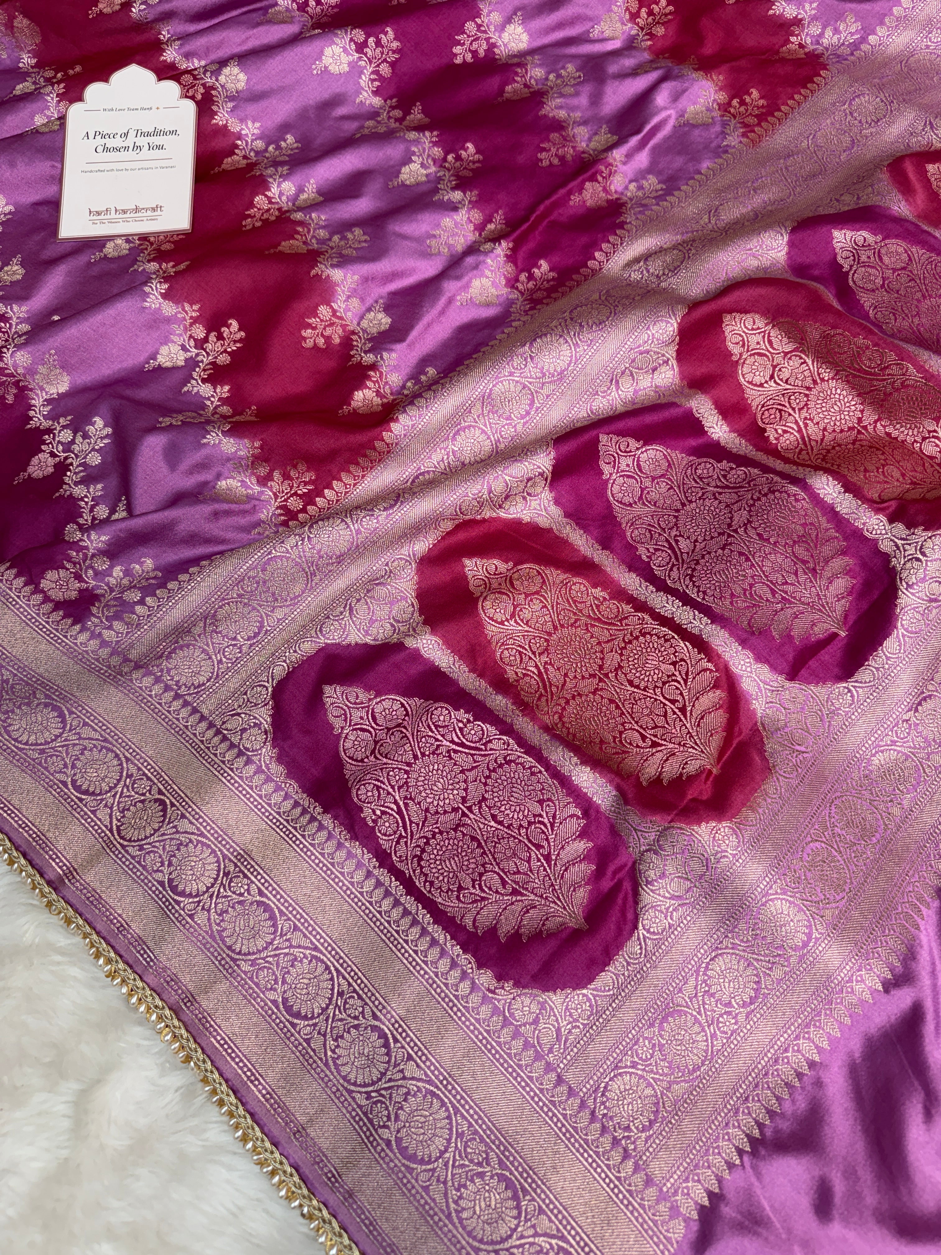 Magenta pink Premium Hand-Brush Rangkaat Mashru Banarasi Saree