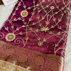 Wine Red Pure Tissue Silk Banarasi Saree with Zardozi Dabka Handwork